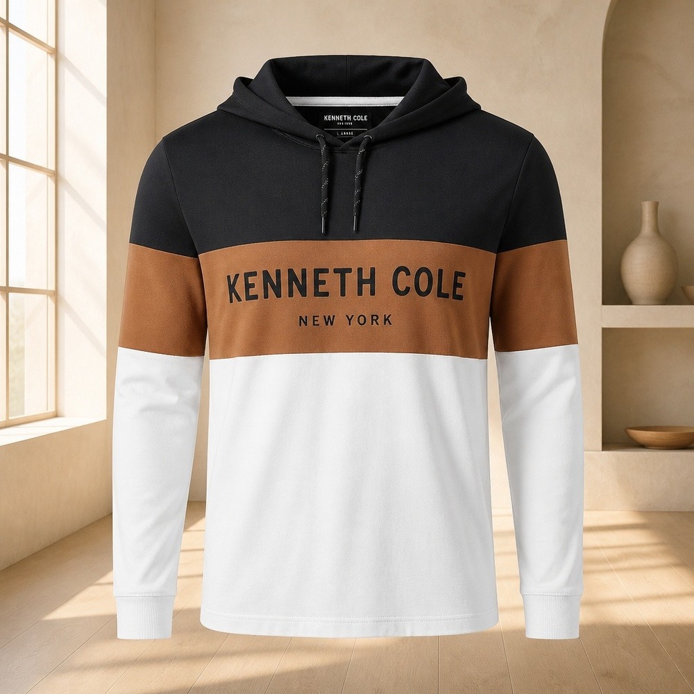 Kenneth Cole New York Mens Colorblock Hoodie Long Sleeve Tee Shirt‎ Black XL